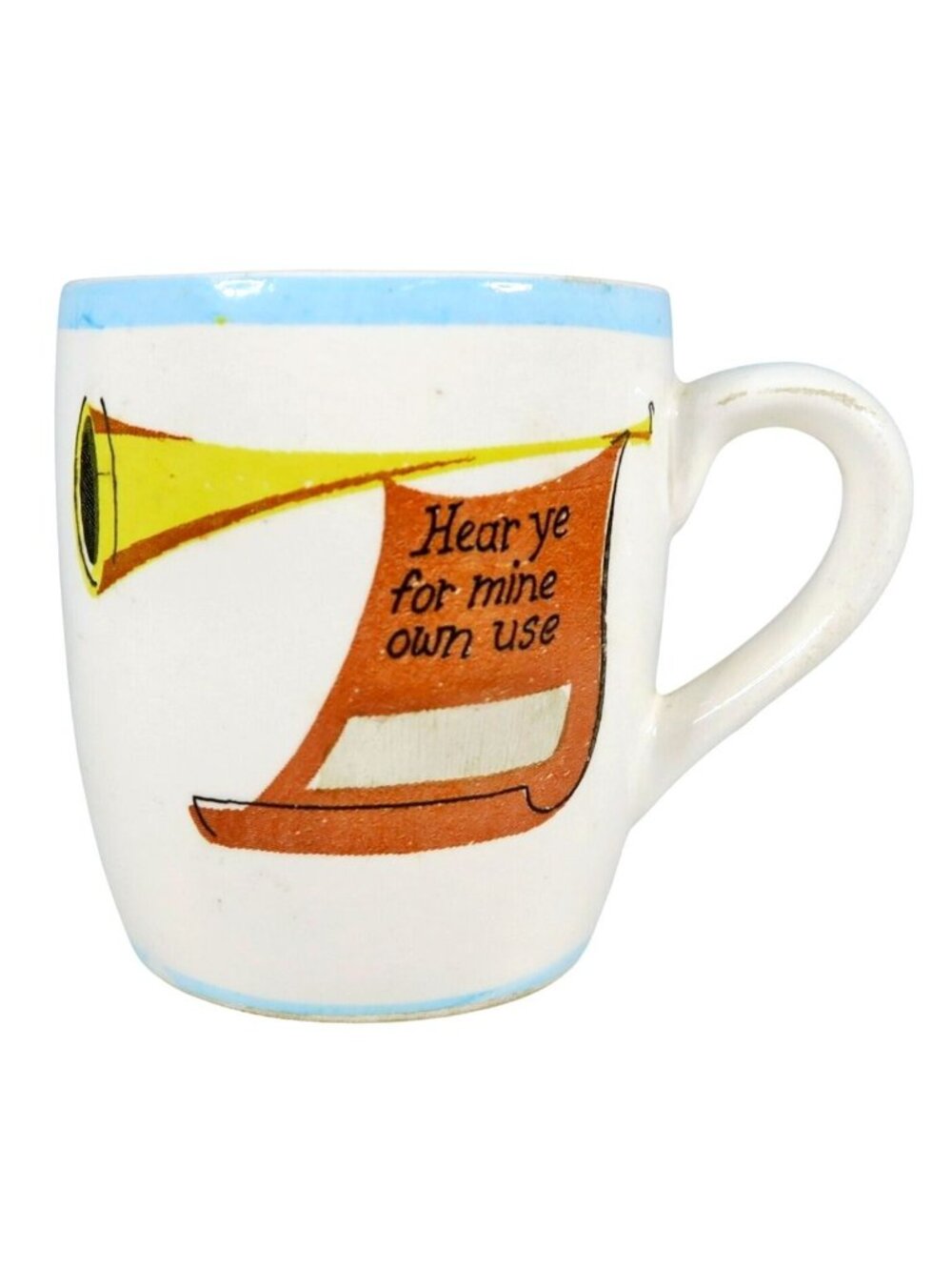 Nasco Japan “Hear Ye” Child’s Mug 1940s Ceramic Trumpet Banner Cup